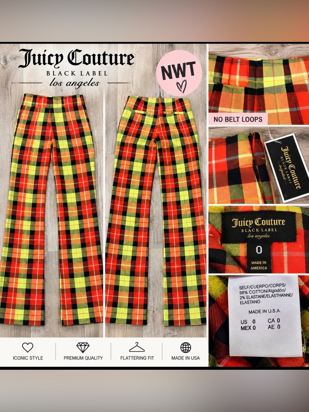 Juicy Couture Black Label Plaid Trouser Pants Size 0 NWT Made in USA